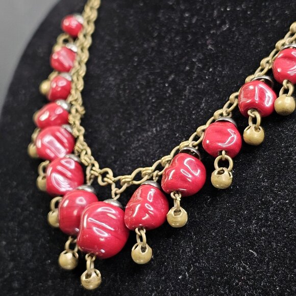 Vintage Dangle Bib 16" Necklace Gold Tone Red Maroon Beaded Choker Adjustable - Picture 3 of 9